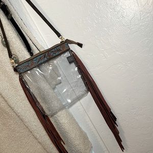 Myra western fringe clear crossbody purse with Louis Vuitton strap